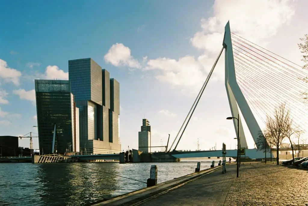 Rotterdam river Maas, Erasmus bridge and Nhow hotel