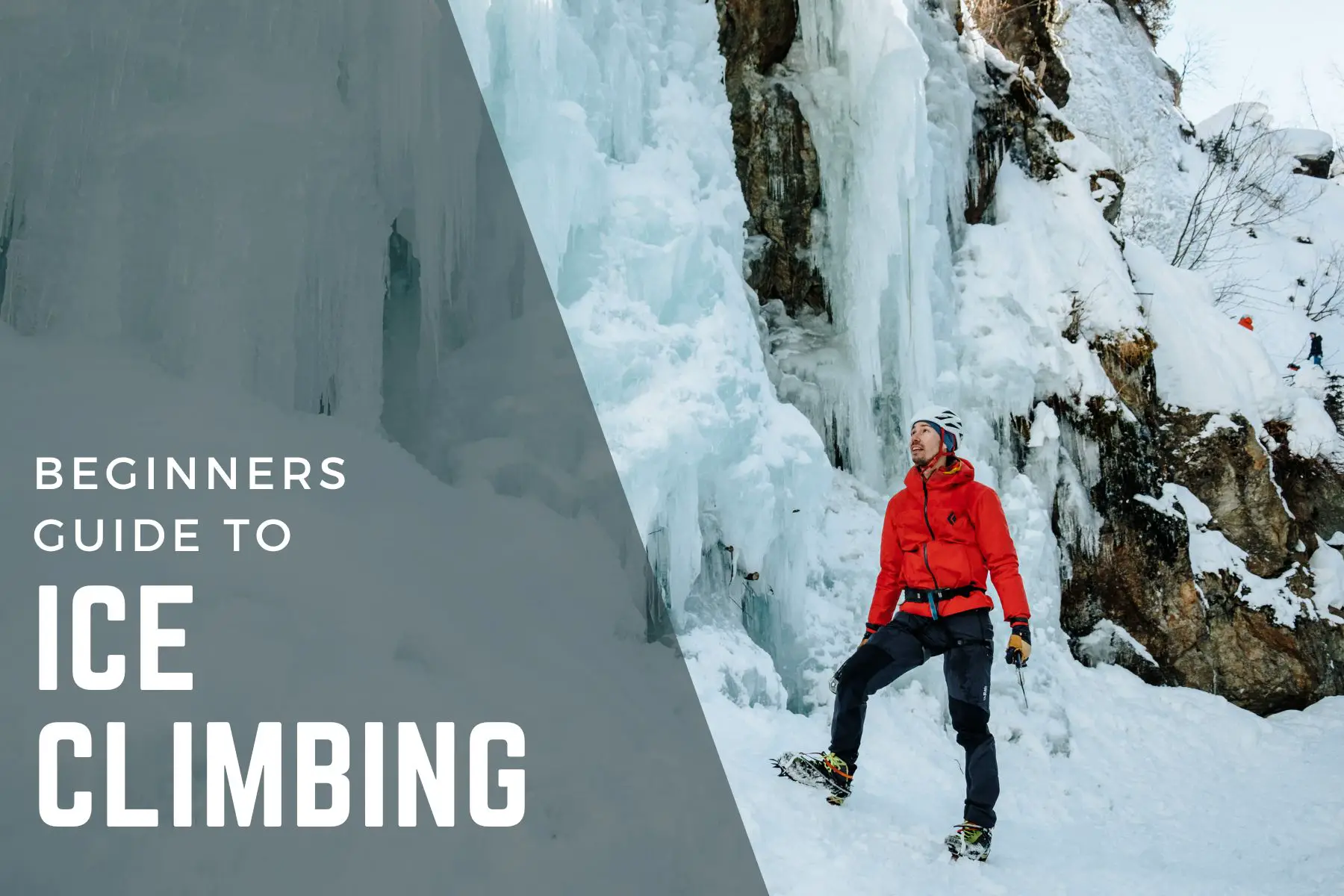 Male ice climber stands at the bottom of frozen waterfall