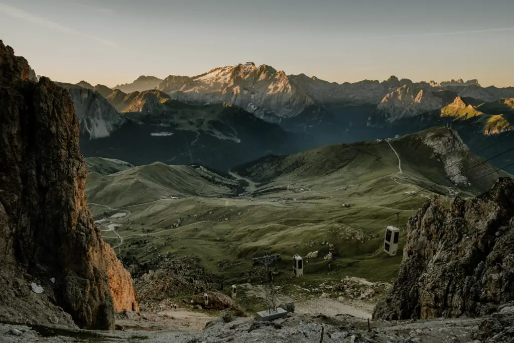 The view from the highest point of the Sassolungo circuit hike in the Dolomites, looking down into the valley